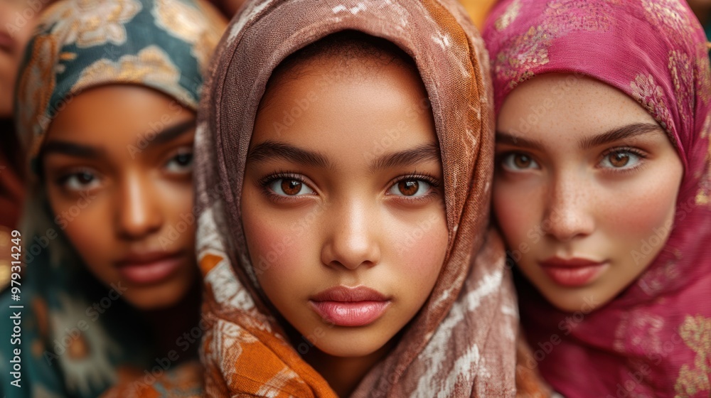 Obraz premium Three young women showcase their cultural diversity with beautiful headscarves