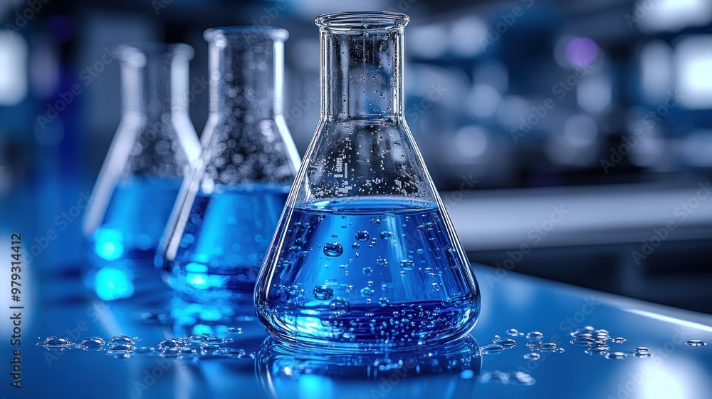 Researchers conduct fascinating experiments with vibrant blue solutions in flasks Researchers conduct fascinating experiments with vibrant blue solutions in flasks