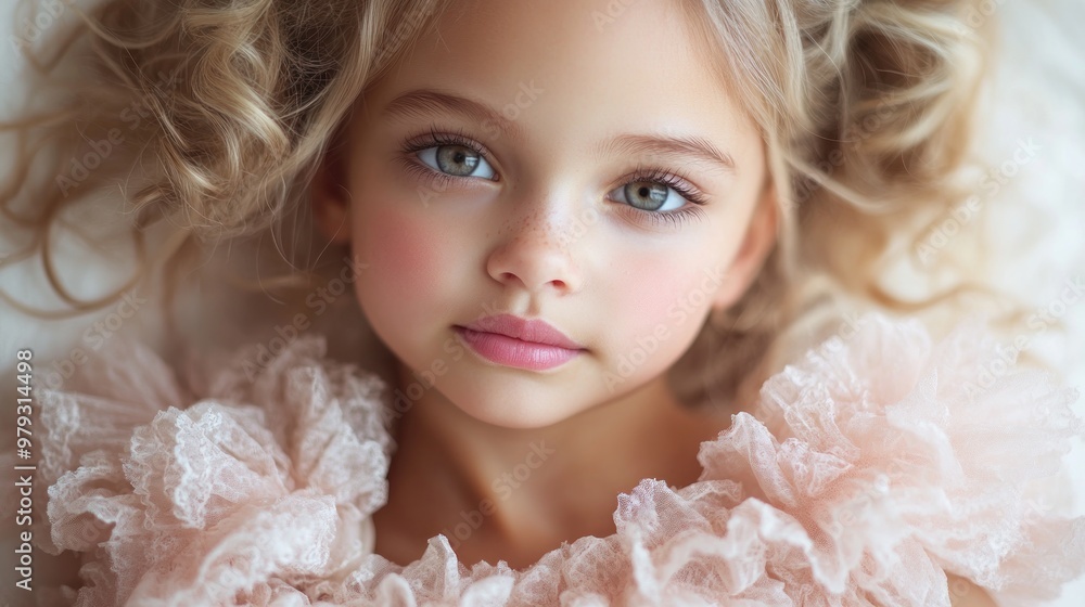 A young girl with curly, blonde hair gazes thoughtfully, wearing a charming pink outfit A young girl with curly, blonde hair gazes thoughtfully, wearing a charming pink outfit