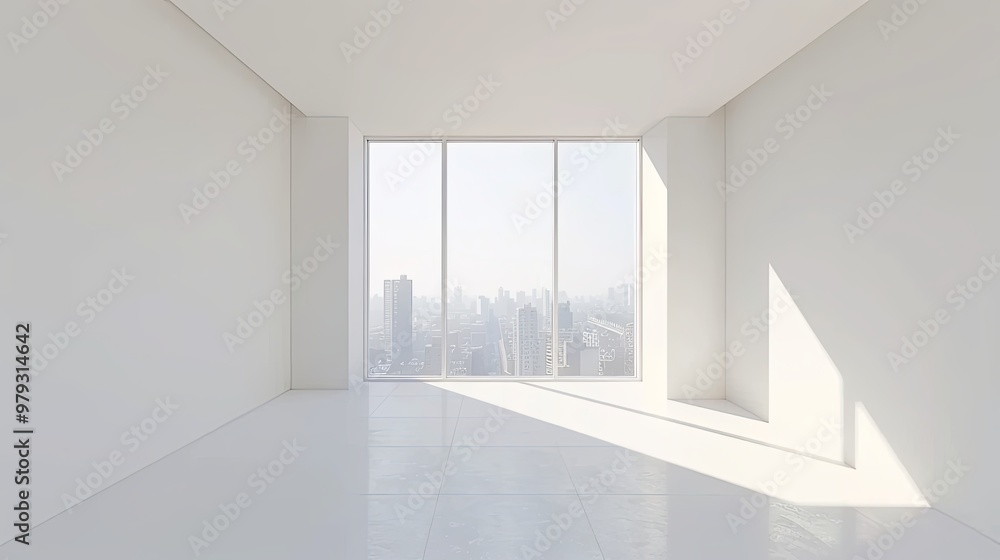Fototapeta premium Stylish Minimalist Interior with Expansive Window, Natural Light, and Serene Atmosphere. Modern Aesthetics and Negative Space Design