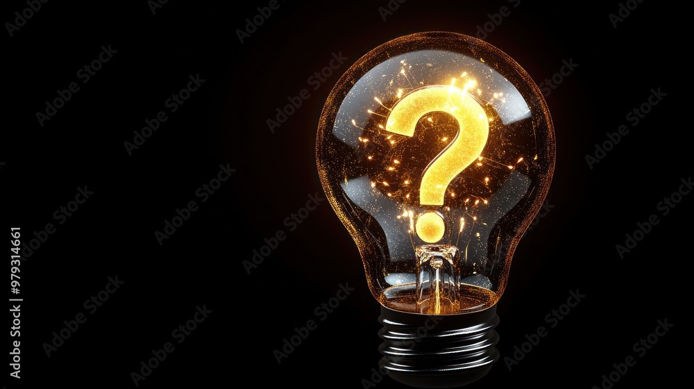 A glowing light bulb casts vibrant sparks, posing a question mark of inspiration A glowing light bulb casts vibrant sparks, posing a question mark of inspiration