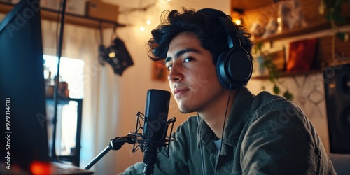 Young Man Recording in Studio photo