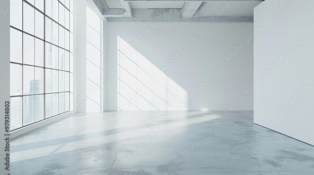 Obraz premium Stylish Minimalist Interior with Expansive Window, Natural Light, and Serene Atmosphere. Modern Aesthetics and Negative Space Design