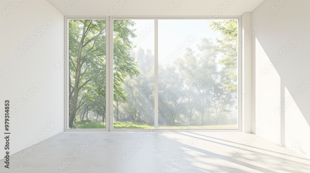 Stylish Minimalist Interior with Expansive Window, Natural Light, and Serene Atmosphere. Modern Aesthetics and Negative Space Design Stylish Minimalist Interior with Expansive Window, Natural Light, and Serene Atmosphere. Modern Aesthetics and Negative Space Design