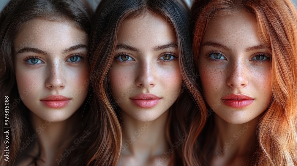 Three women display their unique beauty with close-up expressions and colorful hair