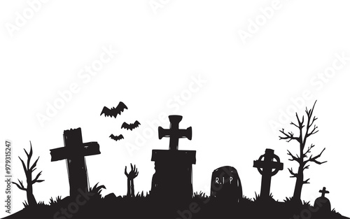 Old cemetery silhouette, abandoned graveyard in Halloween night