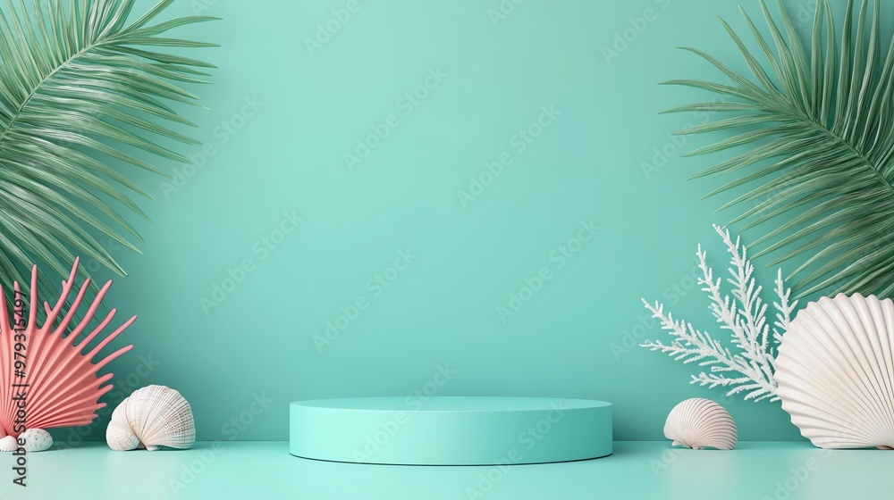 A serene turquoise background featuring a round pedestal surrounded by decorative sea life elements. Perfect for product displays. A serene turquoise background featuring a round pedestal surrounded by decorative sea life elements. Perfect for product displays.