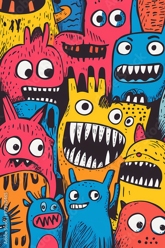 Brightly colored cartoon monsters with quirky features and playful expressions, vibrant whimsical creatures with wide eyes, toothy grins, and horns in fun, lighthearted illustrations photo