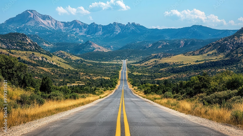 Long, empty road stretching across a vast mountain plateau, capturing the feeling of solitude and exploration, Mountain range sweeping road Long, empty road stretching across a vast mountain plateau, capturing the feeling of solitude and exploration, Mountain range sweeping road