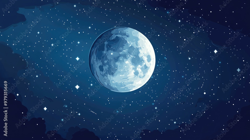 Obraz premium Flat design depiction of the moon in a night sky featuring stars and a celestial theme