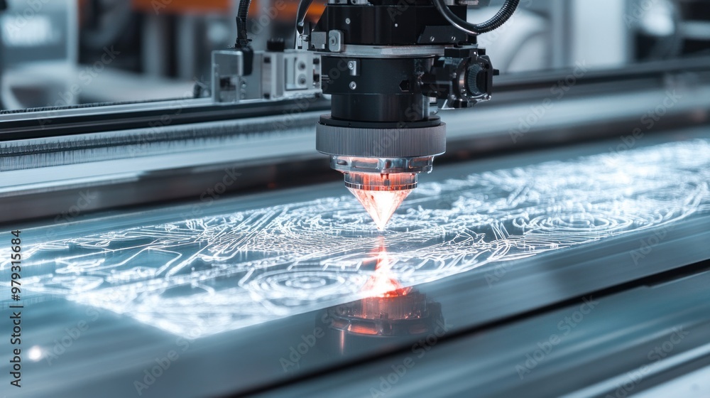 A futuristic laser engraving machine in action, etching detailed patterns on a large glass surface. The laser beam is guided by automated systems A futuristic laser engraving machine in action, etching detailed patterns on a large glass surface. The laser beam is guided by automated systems