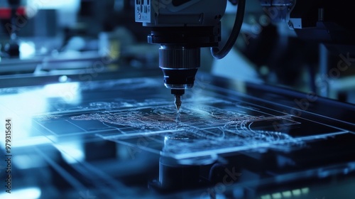 A futuristic laser engraving machine in action, etching detailed patterns on a large glass surface. The laser beam is guided by automated systems photo