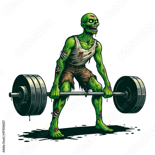 A vector illustration of a zombie deadlifting a heavy barbell, combining fitness and horror in a unique design.