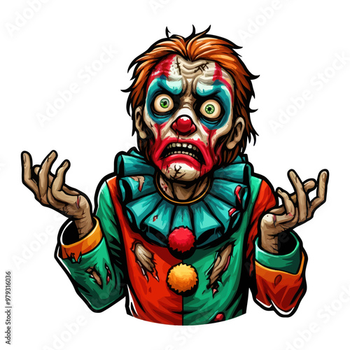 Detailed vector illustration of a terrified clown with a dramatic facial expression, perfect for horror and circus themes.