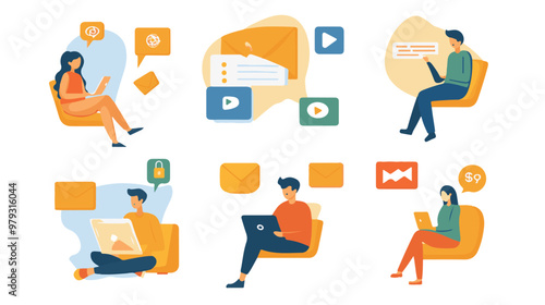 Live support concept and customer care icon set for contacting business services. Flat vector illustration
