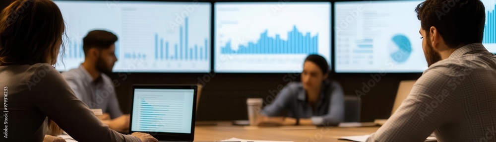 Clients in a round-table financial consultation with charts and graphs on screens, financial consultation session, wealth management discussion Clients in a round-table financial consultation with charts and graphs on screens, financial consultation session, wealth management discussion