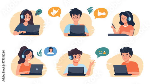 Live support concept and customer care icon set for contacting business services. Flat vector illustration

