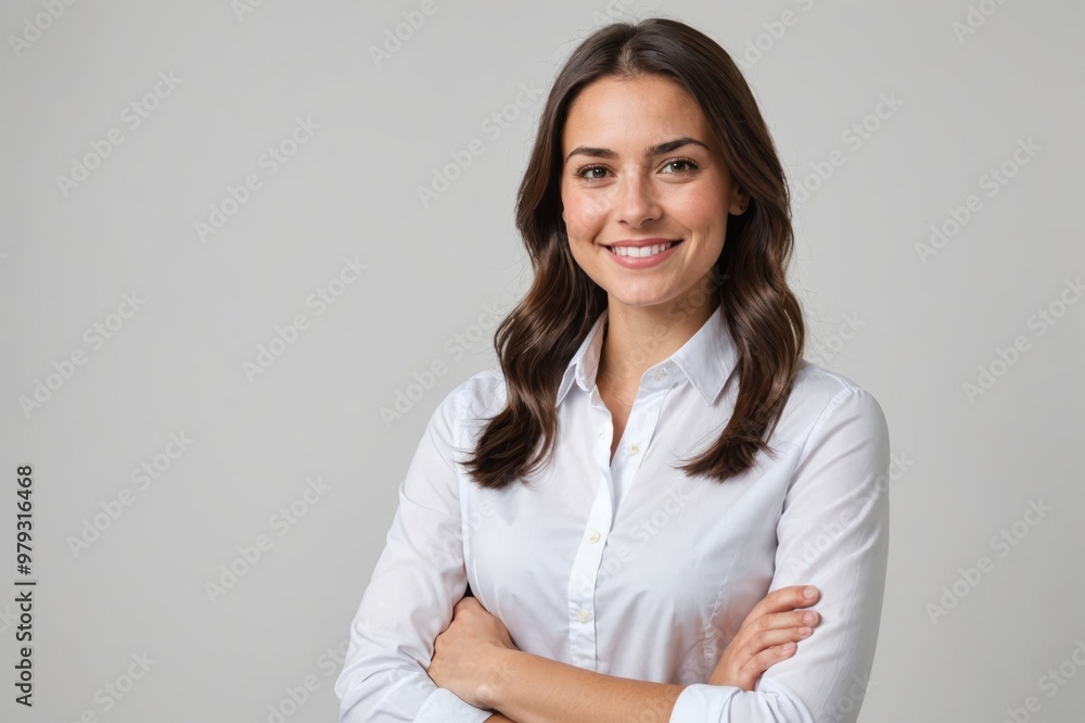 cheerful brunette business woman student in white button up shirt, smiling confident and cheerful with arms folded, isolated on a white background cheerful brunette business woman student in white button up shirt, smiling confident and cheerful with arms folded, isolated on a white background