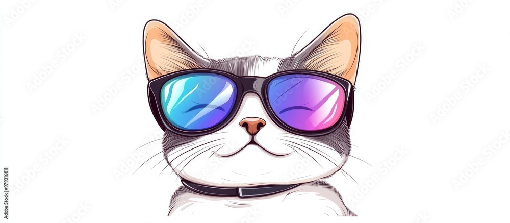 Cute cartoon cat wearing stylish sunglasses with rainbow blue and black lenses Adorable kitten character in eyeglasses perfect for sticker prints Flat design on a white background Cute cartoon cat wearing stylish sunglasses with rainbow blue and black lenses Adorable kitten character in eyeglasses perfect for sticker prints Flat design on a white background