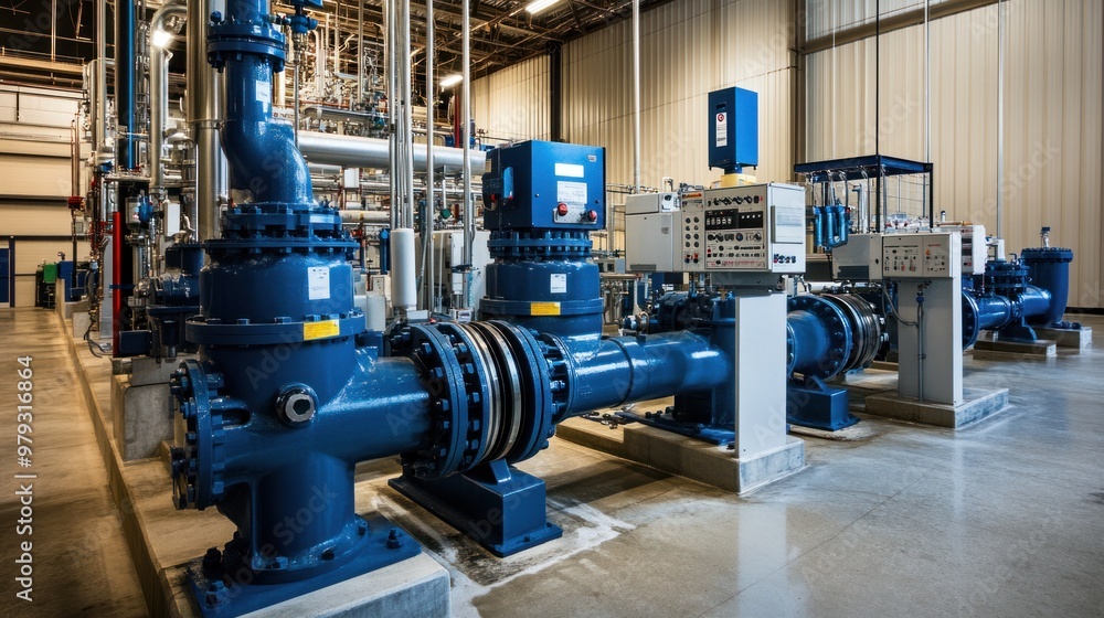 A high-pressure pump system installed in a water treatment plant A high-pressure pump system installed in a water treatment plant