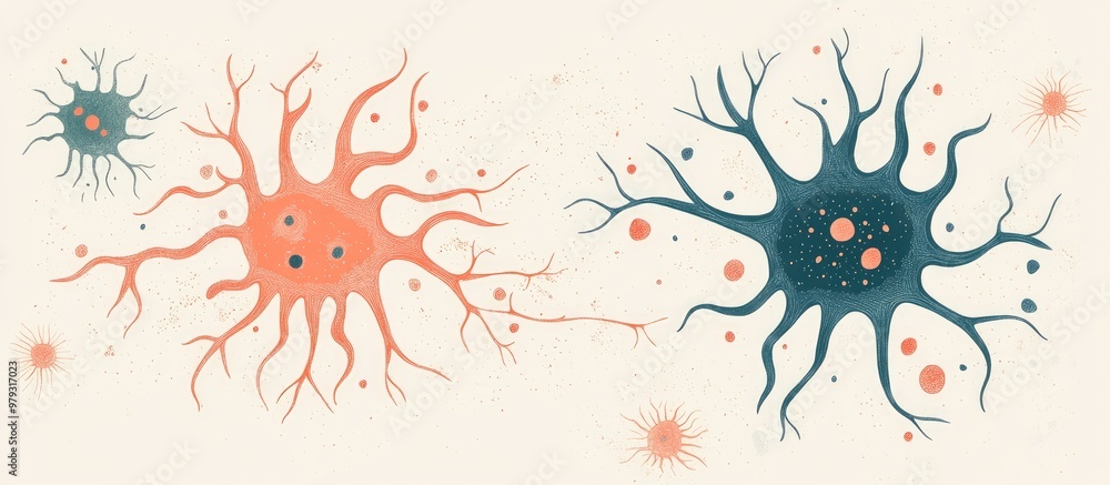 Illustration of astrocyte structure and nerve cell in an infographic style on a plain background