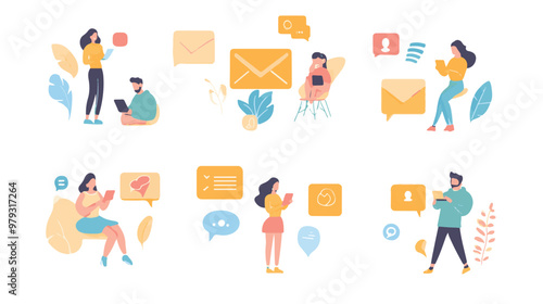 Live support concept and customer care icon set for contacting business services. Flat vector illustration
