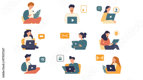 Live support concept and customer care icon set for contacting business services. Flat vector illustration
