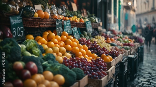 Vibrant Street Market with Fresh Fruits and Vegetables - AI generated illustration