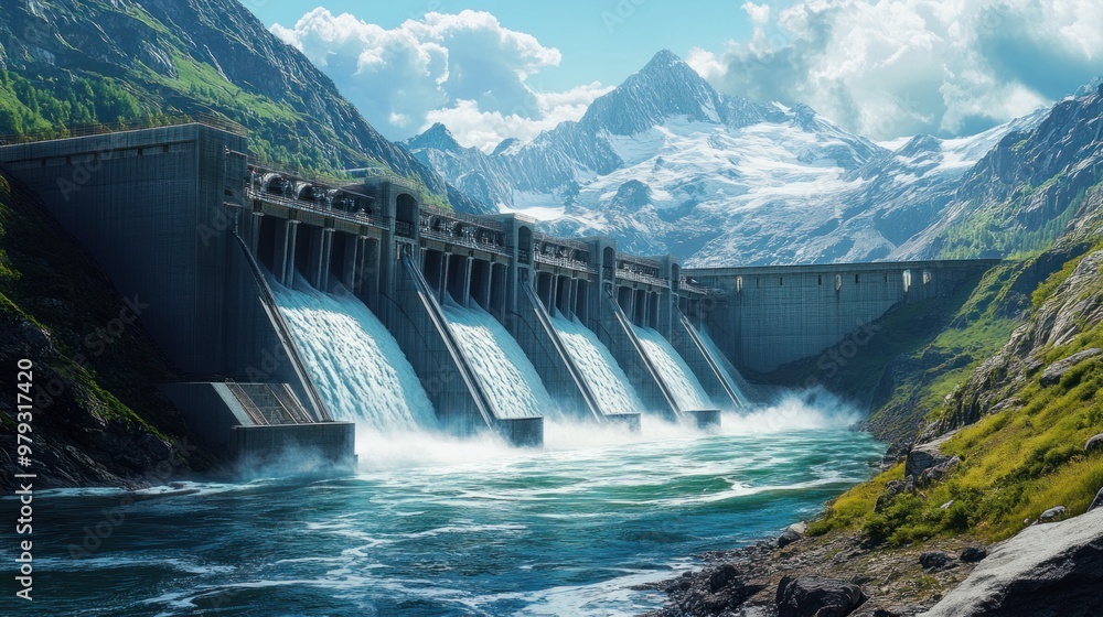 A hydroelectric power plant set against a mountainous landscape A hydroelectric power plant set against a mountainous landscape