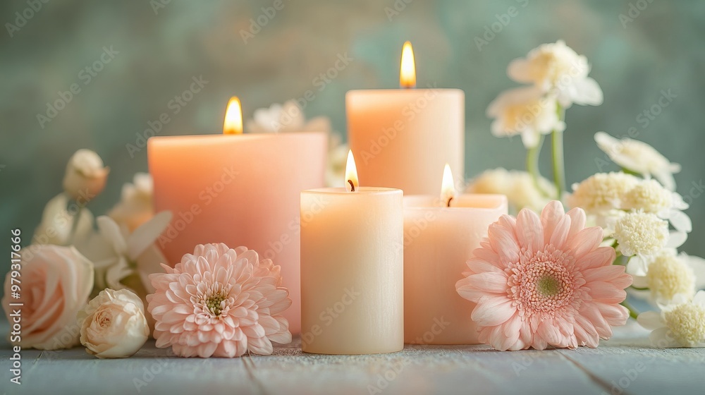 Scented Candles with Delicate Flowers in Soft Peach and Cream Tones - AI generated illustration Scented Candles with Delicate Flowers in Soft Peach and Cream Tones - AI generated illustration