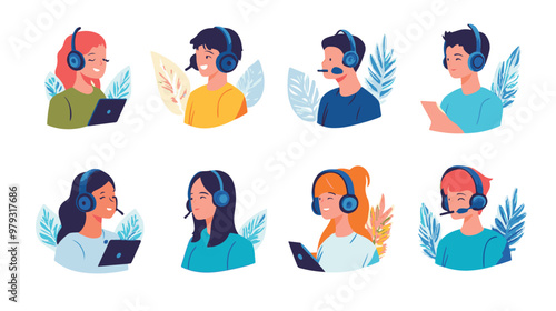 Live support concept and customer care icon set for contacting business services. Flat vector illustration
