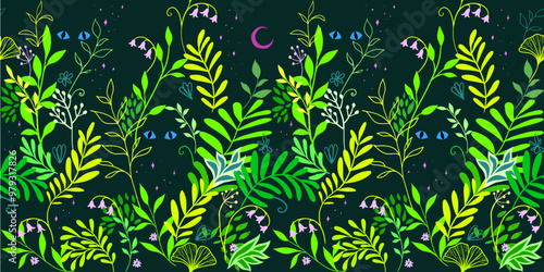 Seamless pattern with tropical leaves, flowers, glowing animal eyes against the starry night sky. Mysterious fairytale illustration of the midnight jungle. Green, yellow, dark blue, pink color palette