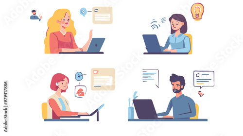 Live support concept and customer care icon set for contacting business services. Flat vector illustration
