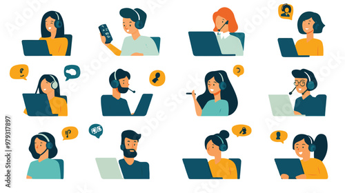 Live support concept and customer care icon set for contacting business services. Flat vector illustration
