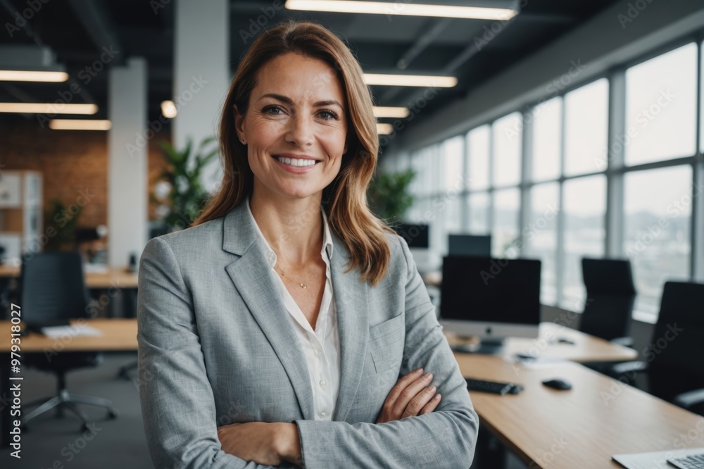successful businesswoman standing in creative office and looking at camera while smiling successful businesswoman standing in creative office and looking at camera while smiling