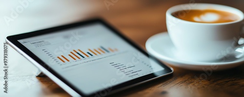 A stylish tablet displaying business analytics beside a steaming cup of coffee on a wooden table, symbolizing productivity.