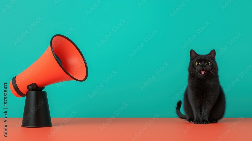Fototapeta premium A playful black cat sitting beside a bright orange megaphone against a vibrant teal background, capturing a fun and quirky moment.