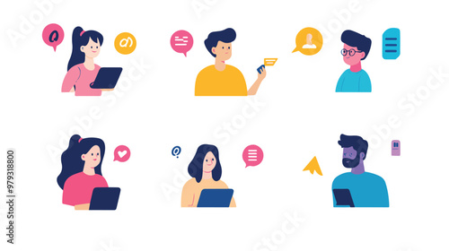 Live support concept and customer care icon set for contacting business services. Flat vector illustration
