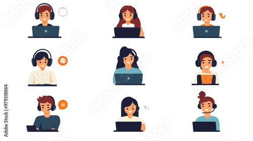 Live support concept and customer care icon set for contacting business services. Flat vector illustration
