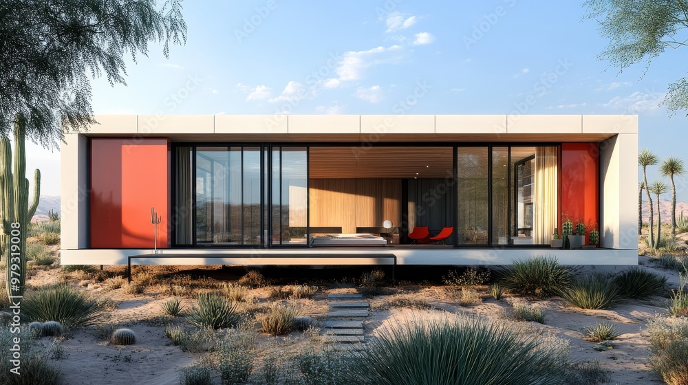 A modern cube-shaped house with red accents and white panels, set in a desert with sand dunes and cactiFuturistic, minimalistic, natural light, 3D rendering A modern cube-shaped house with red accents and white panels, set in a desert with sand dunes and cactiFuturistic, minimalistic, natural light, 3D rendering