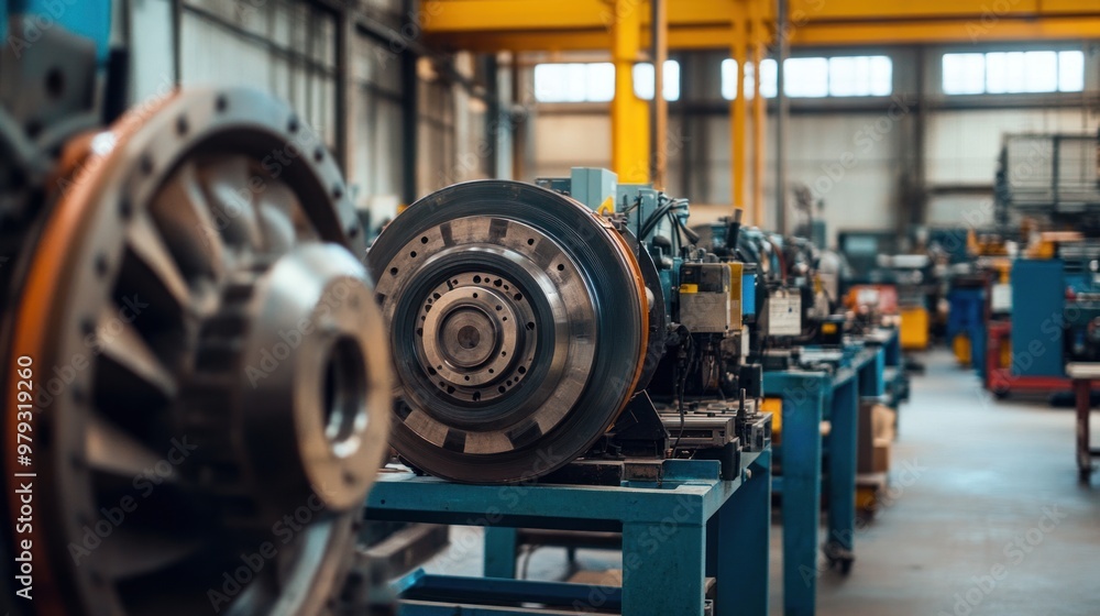 A maintenance workshop for large electric motors, where technicians are performing routine checks and repairs A maintenance workshop for large electric motors, where technicians are performing routine checks and repairs