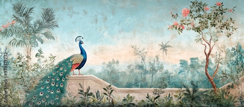 Fototapeta Naklejka Na Ścianę i Meble -  Traditional Mughal garden painting featuring a peacock and botanical elements Mural wallpaper design with a detailed landscape illustration