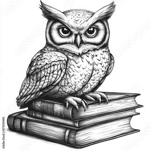 Wallpaper Mural Wise Owl on Stack of Books   Black and White Illustration Torontodigital.ca
