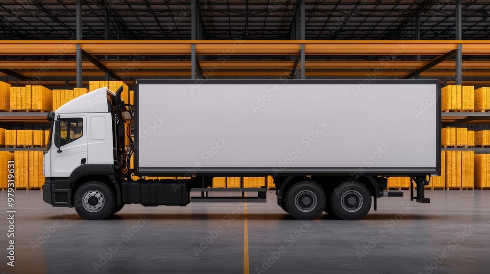 A white delivery truck parked inside a warehouse, showcasing modern logistics and storage solutions in a spacious environment. A white delivery truck parked inside a warehouse, showcasing modern logistics and storage solutions in a spacious environment.