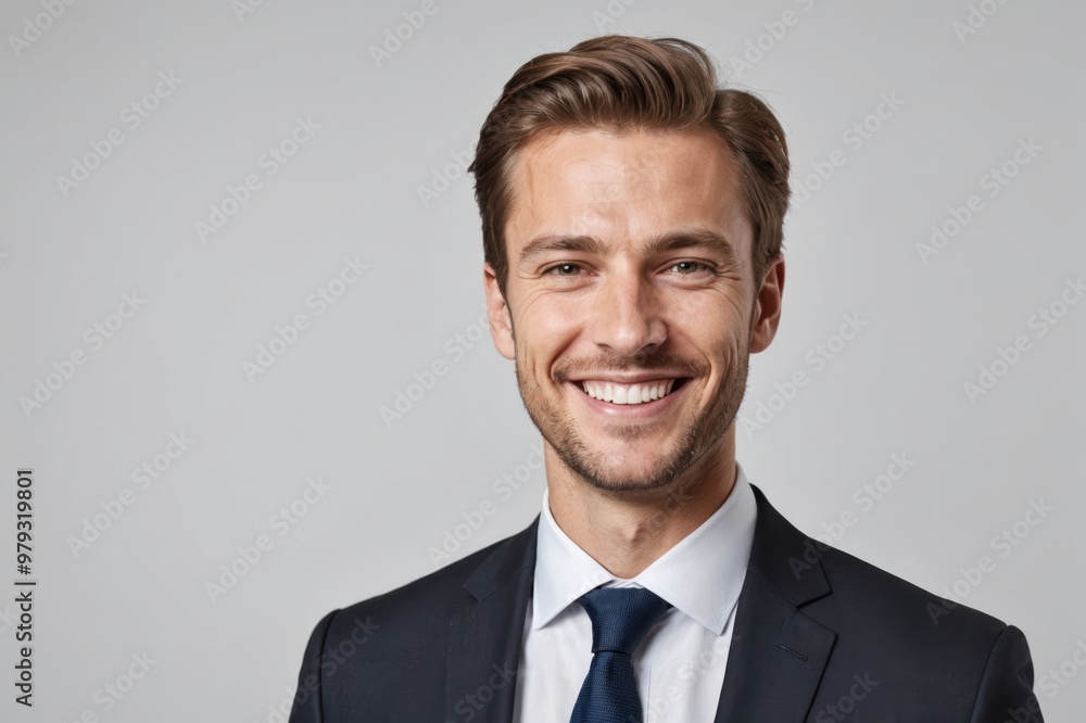 portrait of handsome caucasian man in formal suit looking at camera smiling with toothy smile isolated in white background portrait of handsome caucasian man in formal suit looking at camera smiling with toothy smile isolated in white background