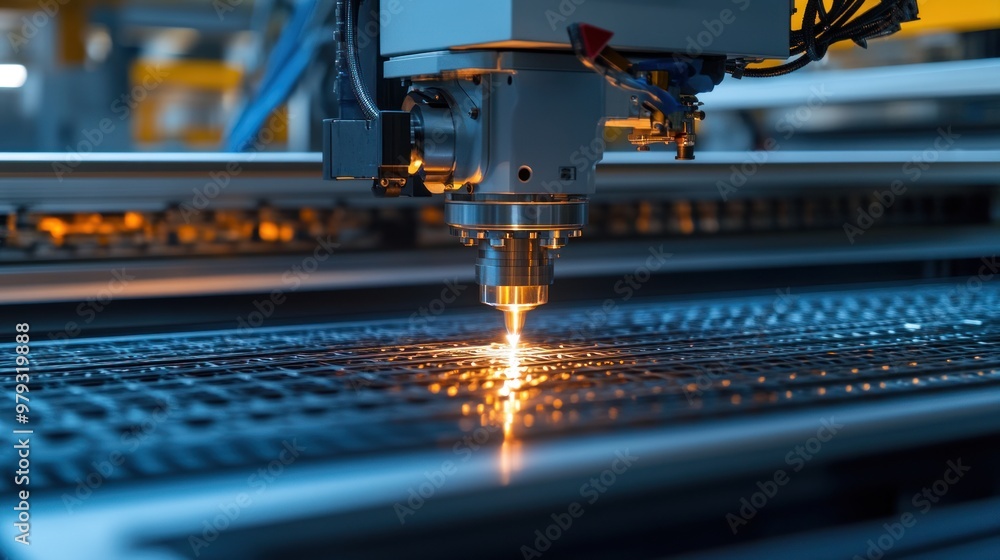 Large laser marking machine in factory used to engrave serial numbers on metal parts of automobiles. Large laser marking machine in factory used to engrave serial numbers on metal parts of automobiles.