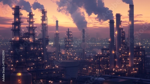 A massive oil refinery at dusk, with towering distillation columns and complex pipe networks illuminated by bright industrial lights