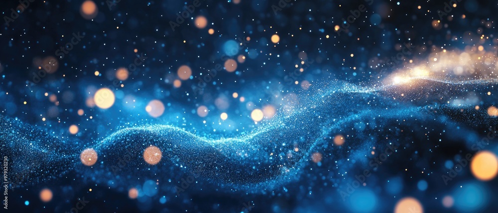 Energetic magic represented by abstract blue wave lines formed from particles and dots featuring a glowing effect and a blurred bokeh backdrop Energetic magic represented by abstract blue wave lines formed from particles and dots featuring a glowing effect and a blurred bokeh backdrop
