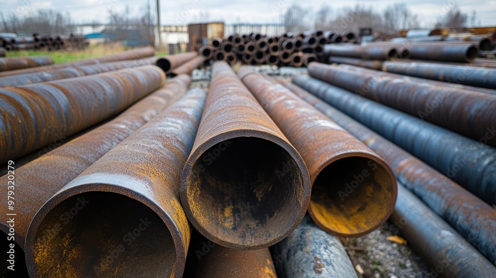 A metal storage yard filled with large steel pipes of varying lengths and diameters A metal storage yard filled with large steel pipes of varying lengths and diameters