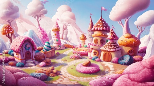 Fantasy land featuring whimsical dessert houses chocolate trees and pink jelly grass A colorful 2D cartoon landscape depicting a charming fairy sugar world made of cake and cookies photo